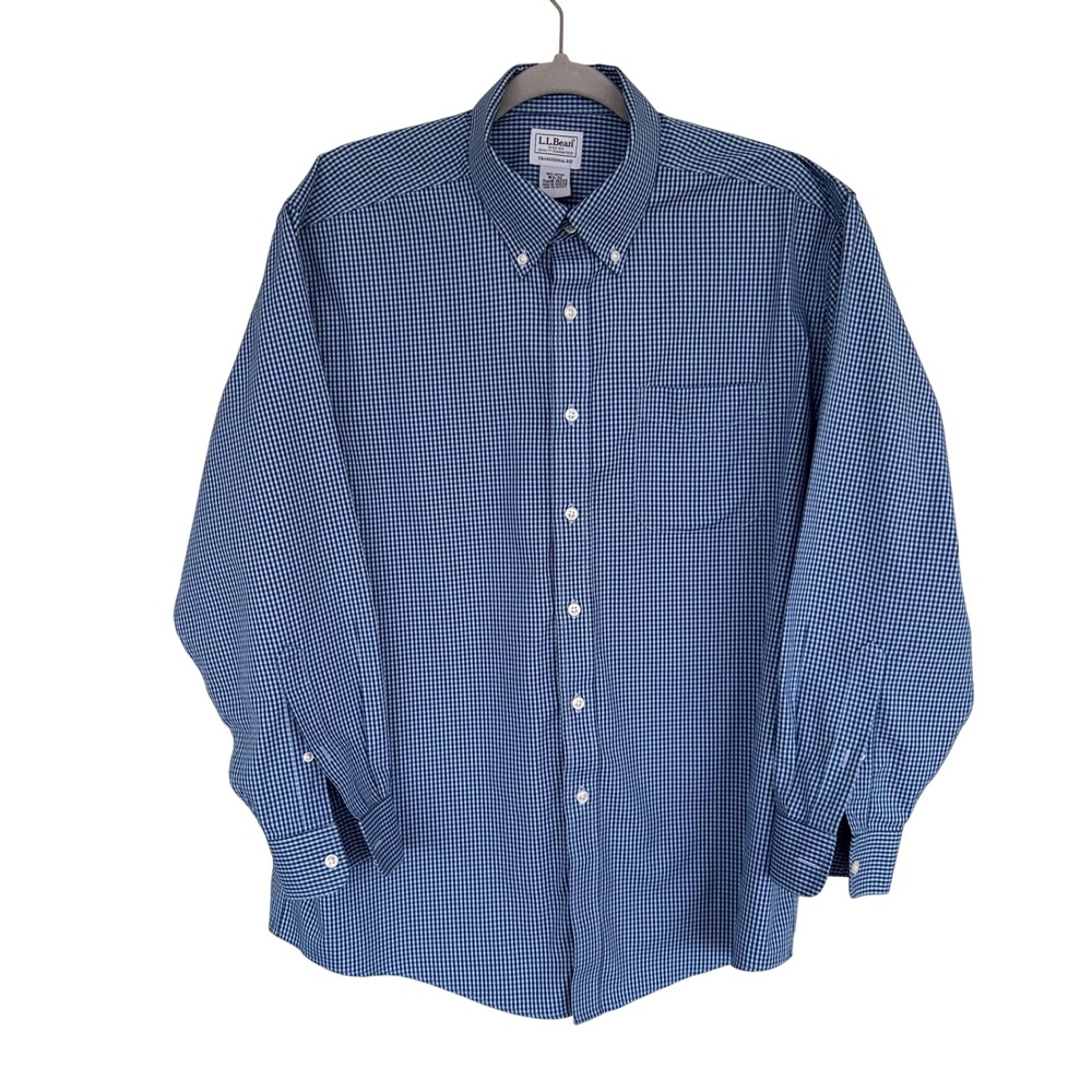 LL Bean Traditional Fit Gingham Button Down Shirt Mens 16.5 32 Blue White